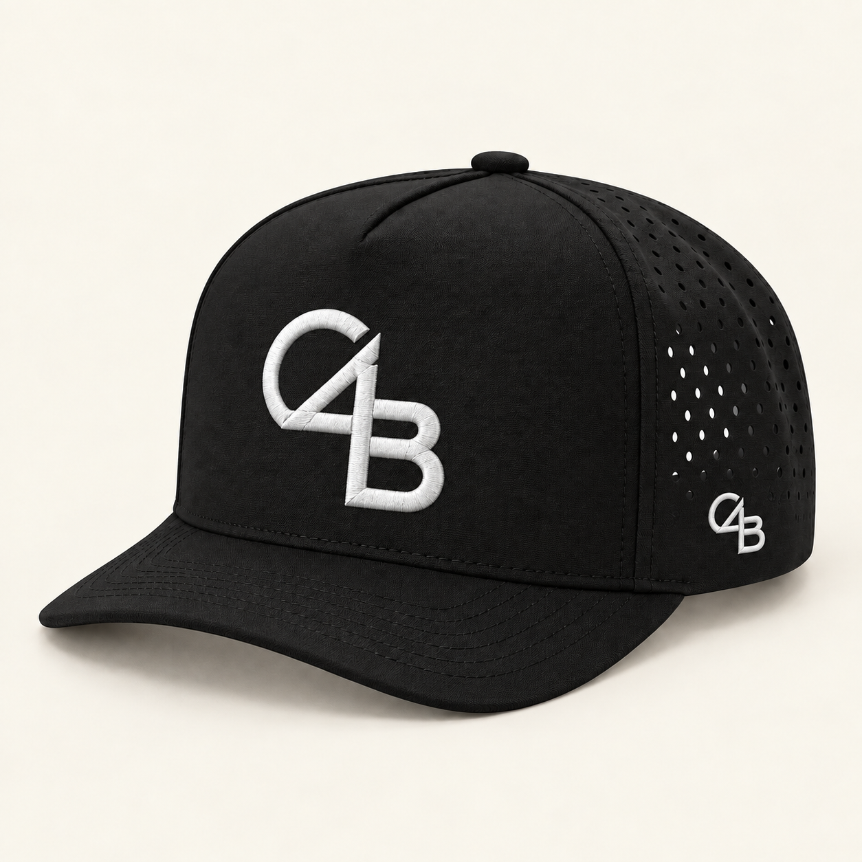 Black C4B hat mockup with white monograms