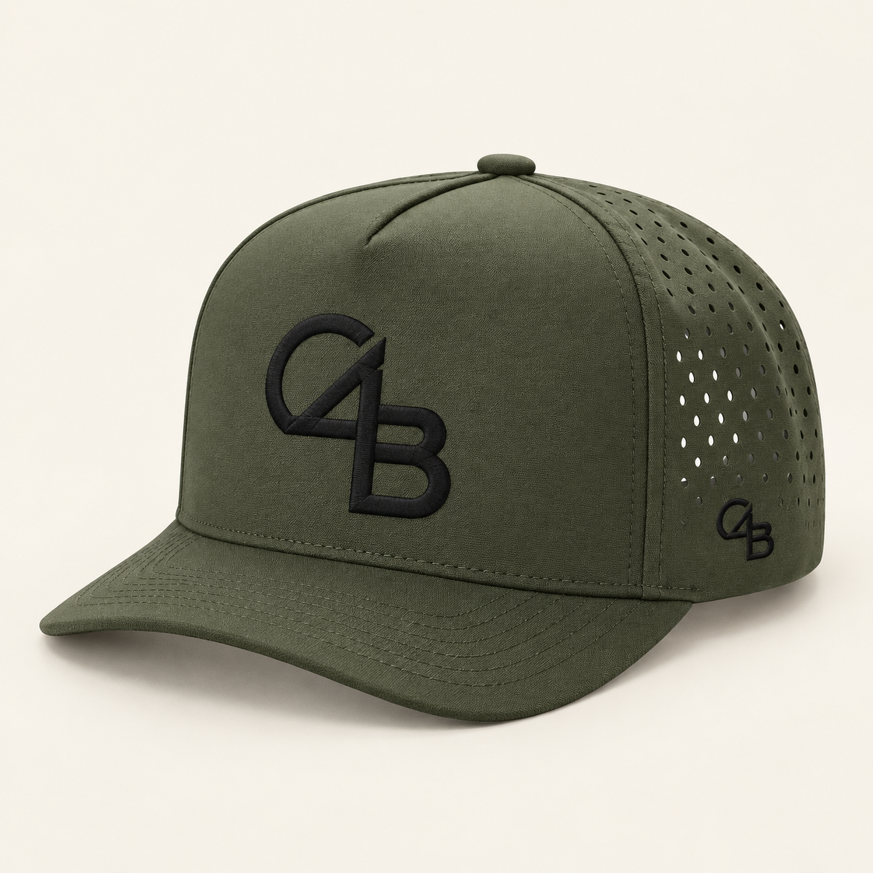 Generated mockup of the olive five-panel C4B cap, viewed from the front and wearer’s left, with a black front monogram and smaller left-side mark