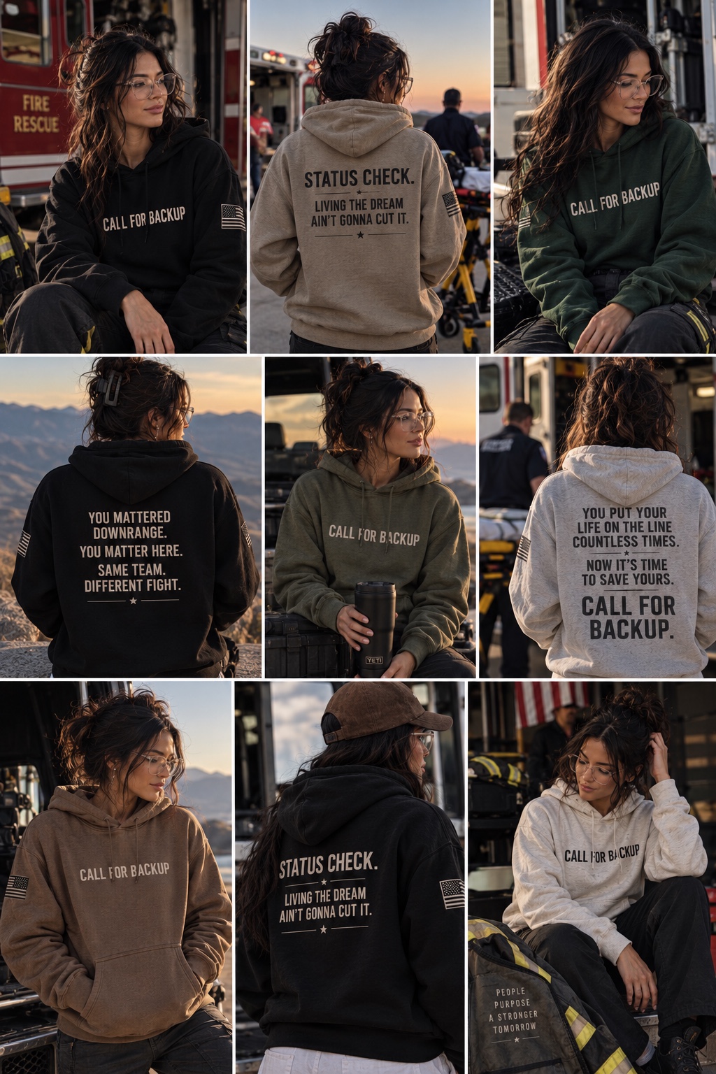 Nine supplied apparel concepts exploring front and back messages in community and coastal settings.
