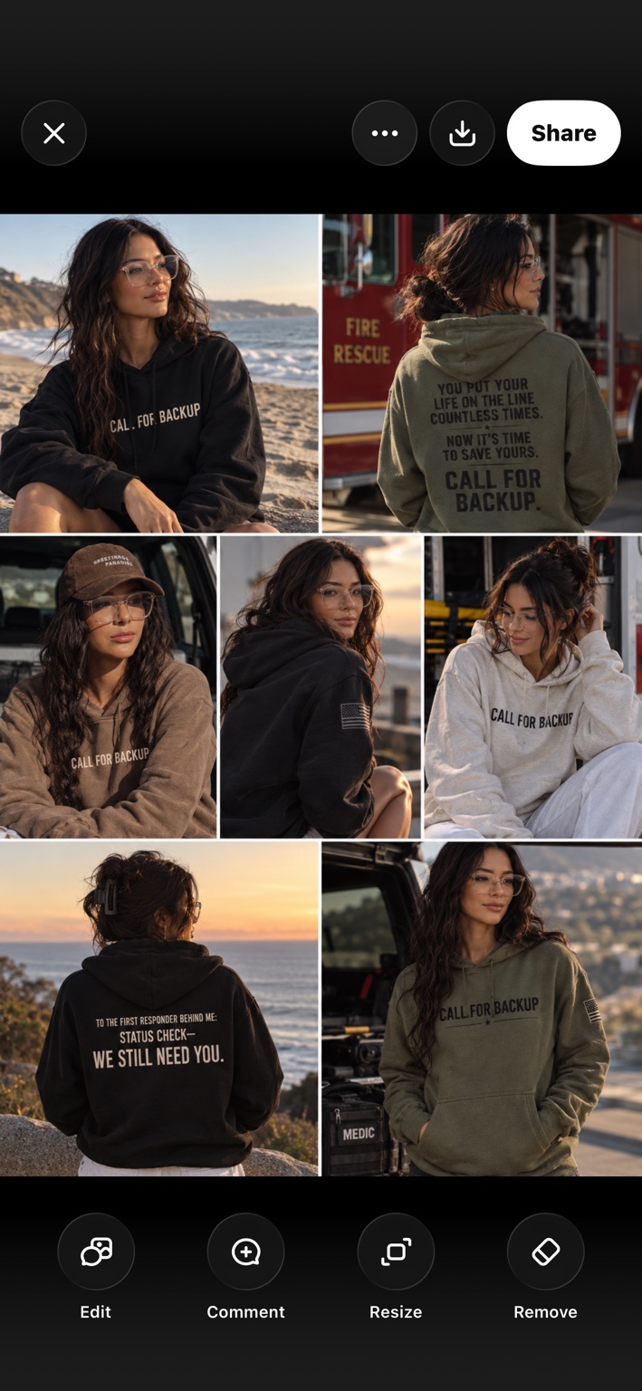 A supplied collage of seven early hoodie concepts with check-in messages. Previous lettering appears in these studies.