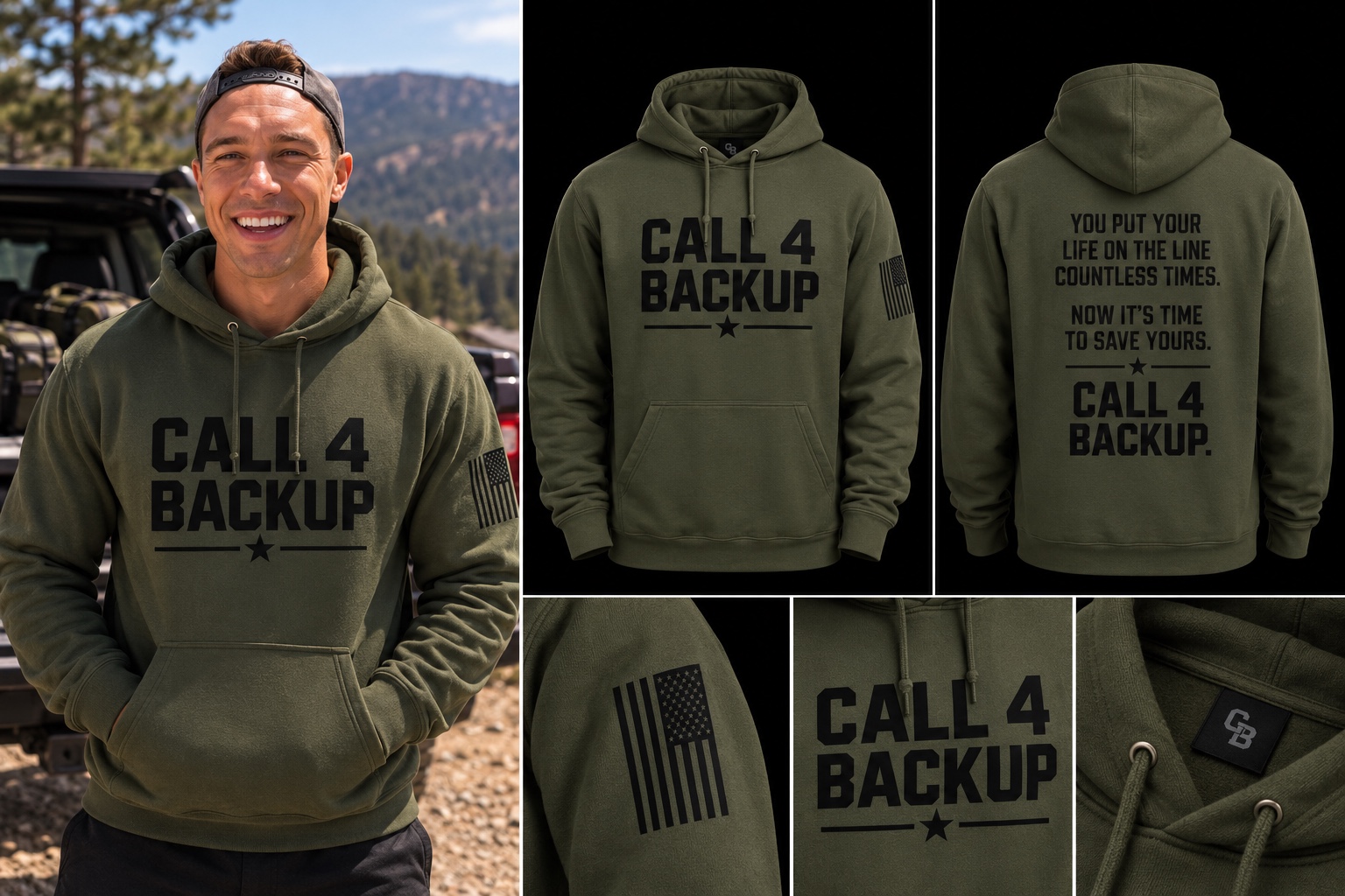 A supplied Military Green hoodie concept board with a coastal portrait and front, back, flag and logo details.